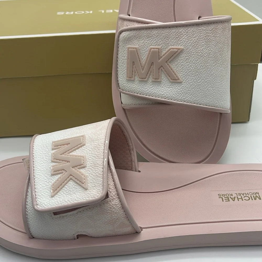 Michael Kors Slide Logo Sandals Palmer Ombré Signature Powder Blush Multi  NWT
